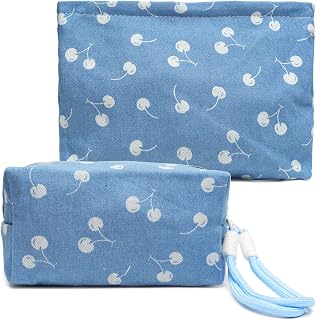 2 Pcs Canvas Makeup Bag Set, Travel Toiletry Bag, Blue Cherry