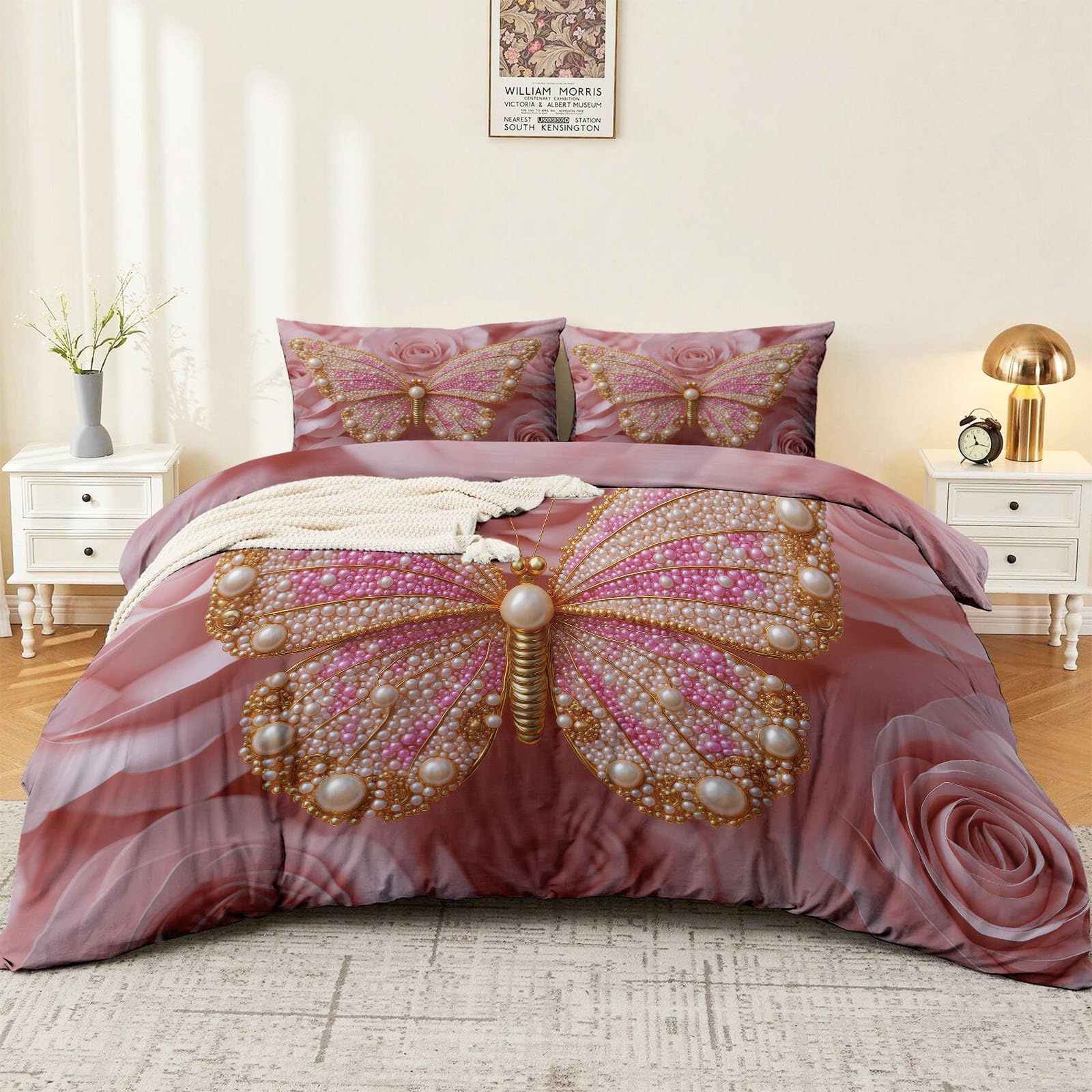 Housse de couette luxe léger imprimé papillon perle or en tissu microfibre satinée