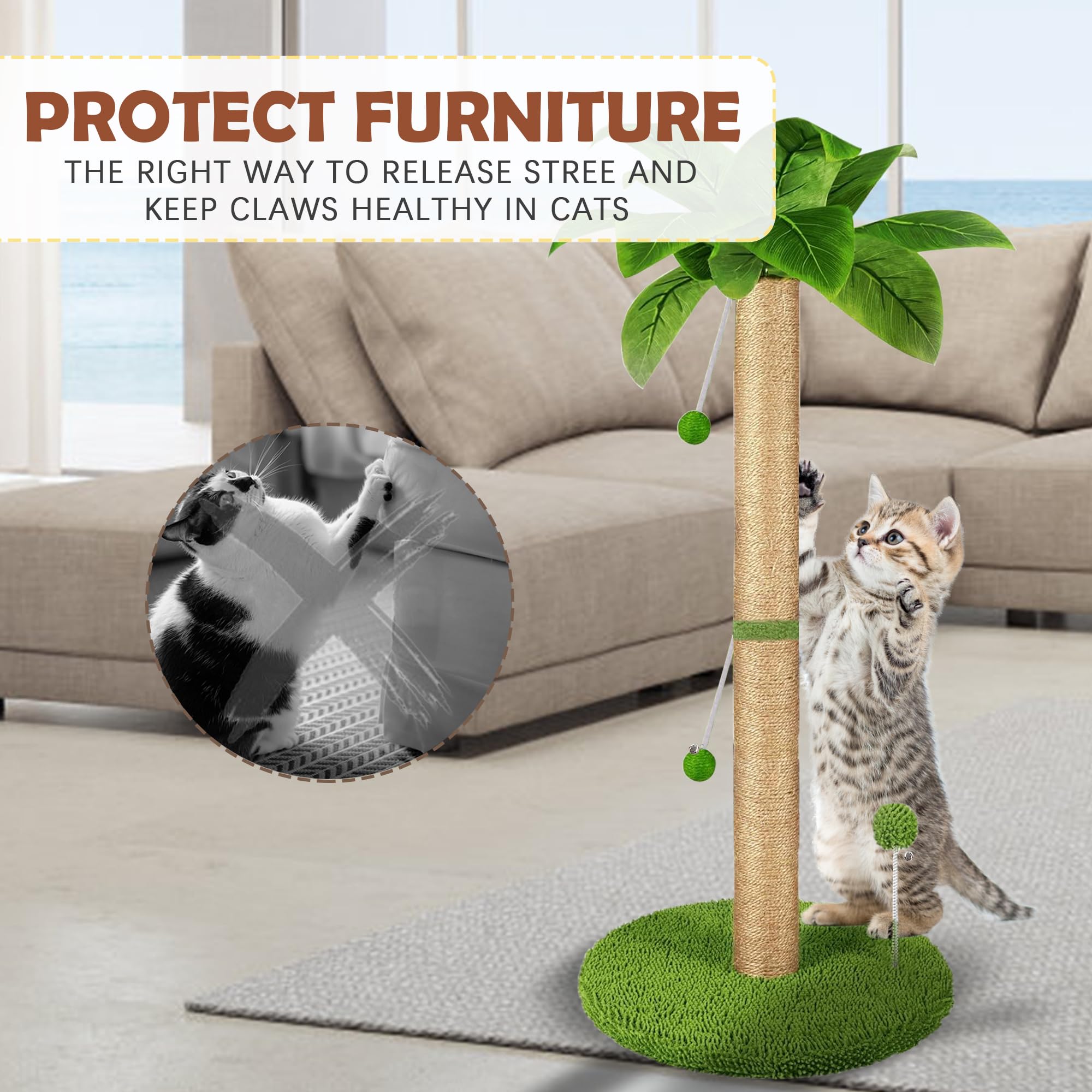 Poste rascador para gatos, 82 cm de alto con cuerda de sisal premium, dos bolas colgantes interactivas y juguetes de bola de resorte para gatitos y gatos de interior