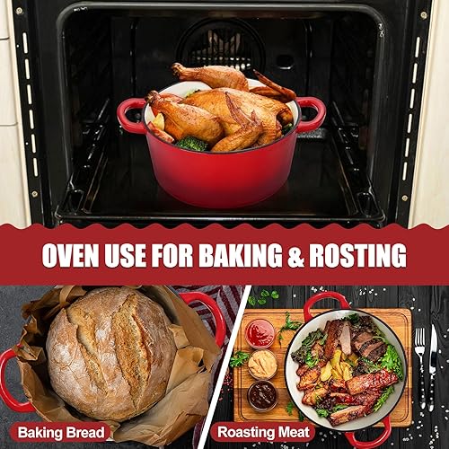 Miniatura 6 de P&P CHEF - Olla de horno holandés esmaltado rojo para hornear pan, horno holandés redondo 2 en 1 de hierro fundido de 5 cuartos con juego de tapa,