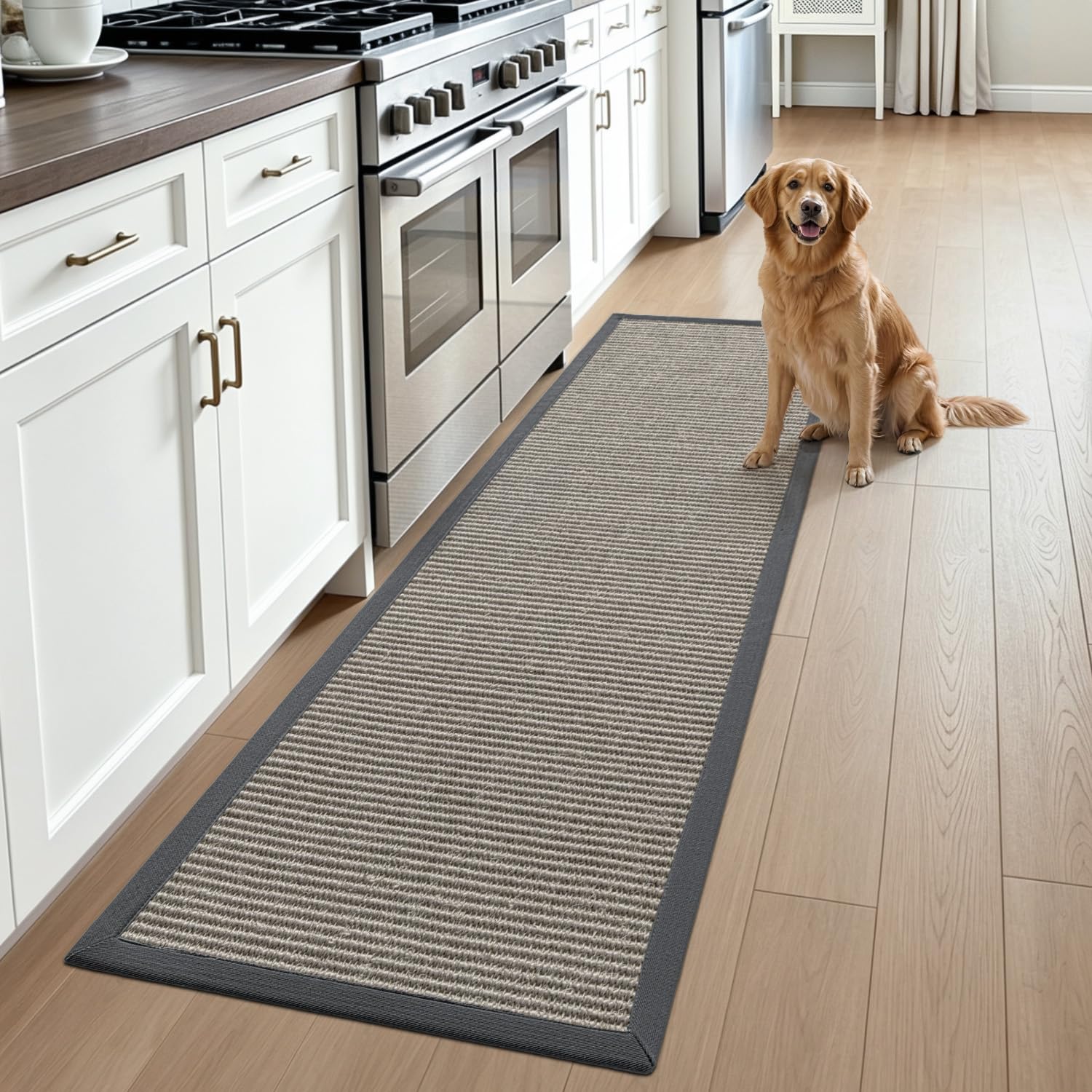 DEXI Jute-Flur-Läufer, 70 x 200 cm, gewebte geflochtene Naturfaser, rutschfester Läufer innen, Bauernhaus-Läufer, Teppich für den Eingangsbereich, Küche, Luandry, Natur/Grau