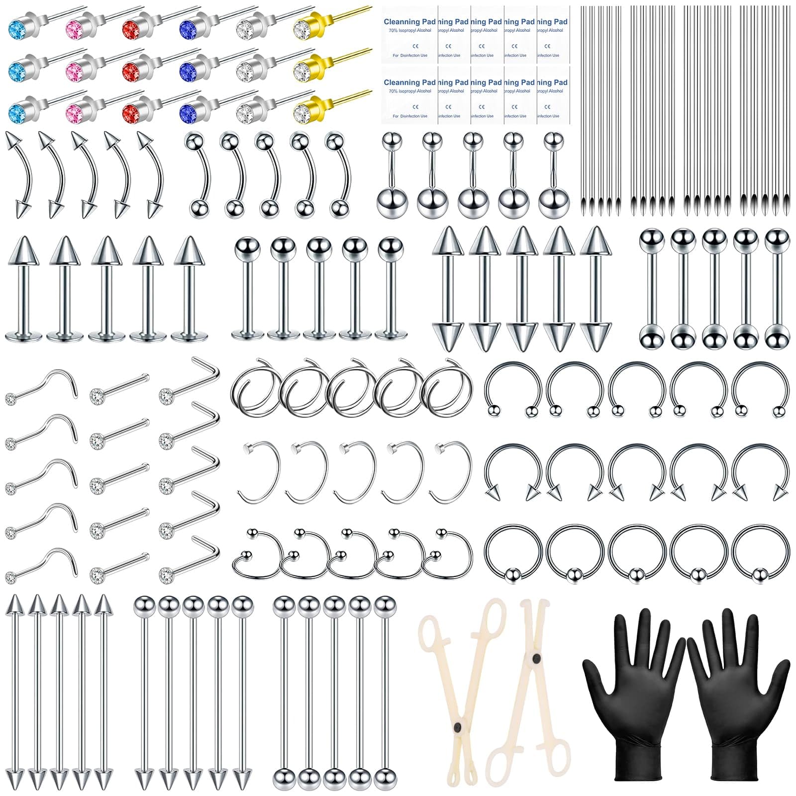 164PCS Body Septum Piercing Kit with 14G/16G/18G/20G Piercing Needles Piercing Jewelry and Tools for Ear Nose Belly Button Nipple Lip Cartilage Eyebrow Tongue Navel Piercing Kit for All Piercings