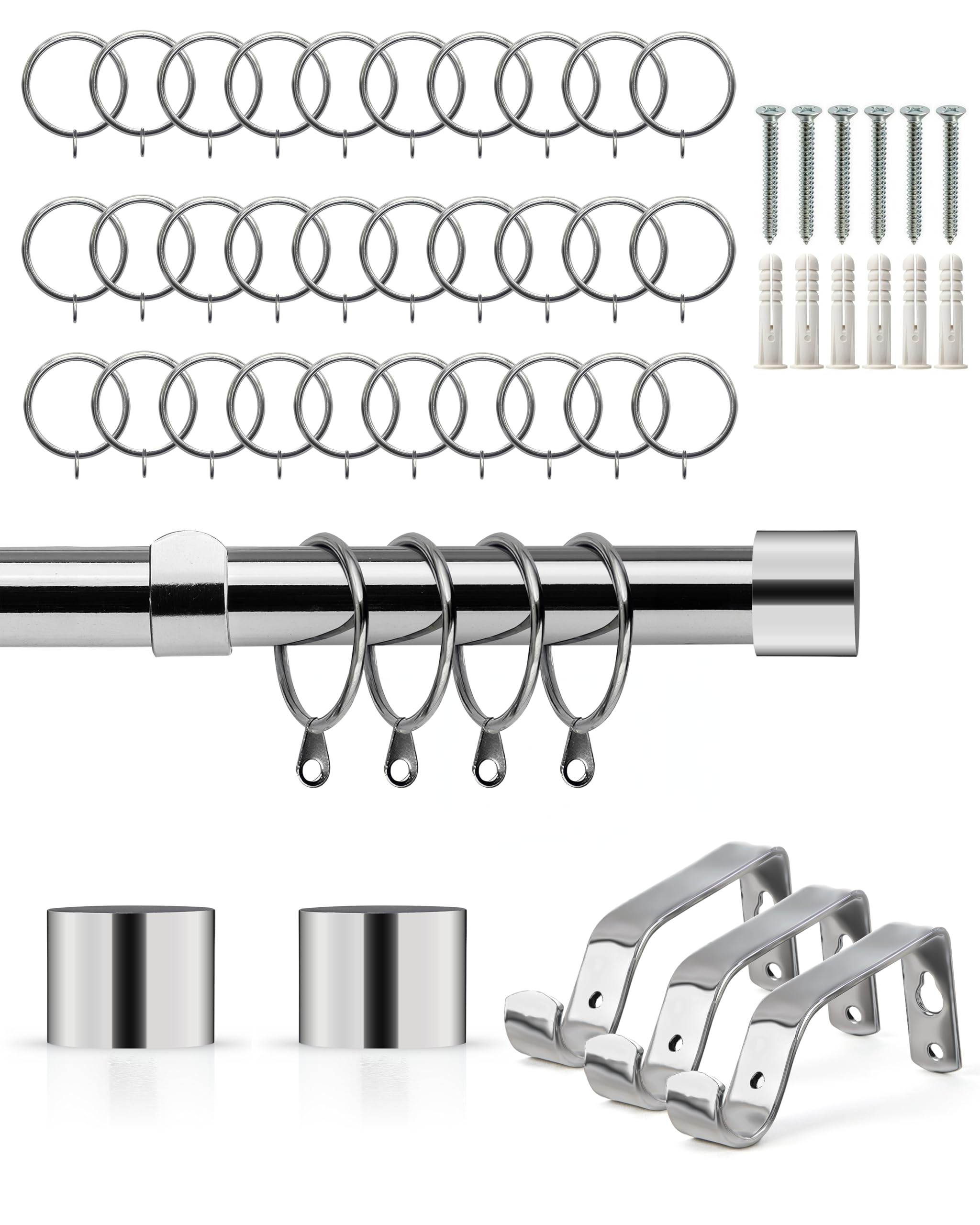 Emma Barclay Extendable Curtain Pole With Finials Rings Brackets & Fittings Sets 16-19mm in Chrome Metal Curtain Poles For Eyelet Curtains Rod -Full Stop Collection 1.6m - 3m Chrome