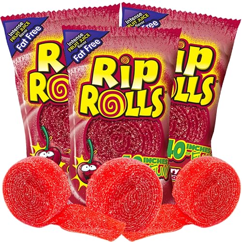 Needzo Rip Rolls Sour Candy Rolls, Cherry Fruit Flavor Fat Free Licorice Belt Candies, Individually Wrapped Shareable Snacks for Boys or Girls, Pack of 3 - Fruit - Small