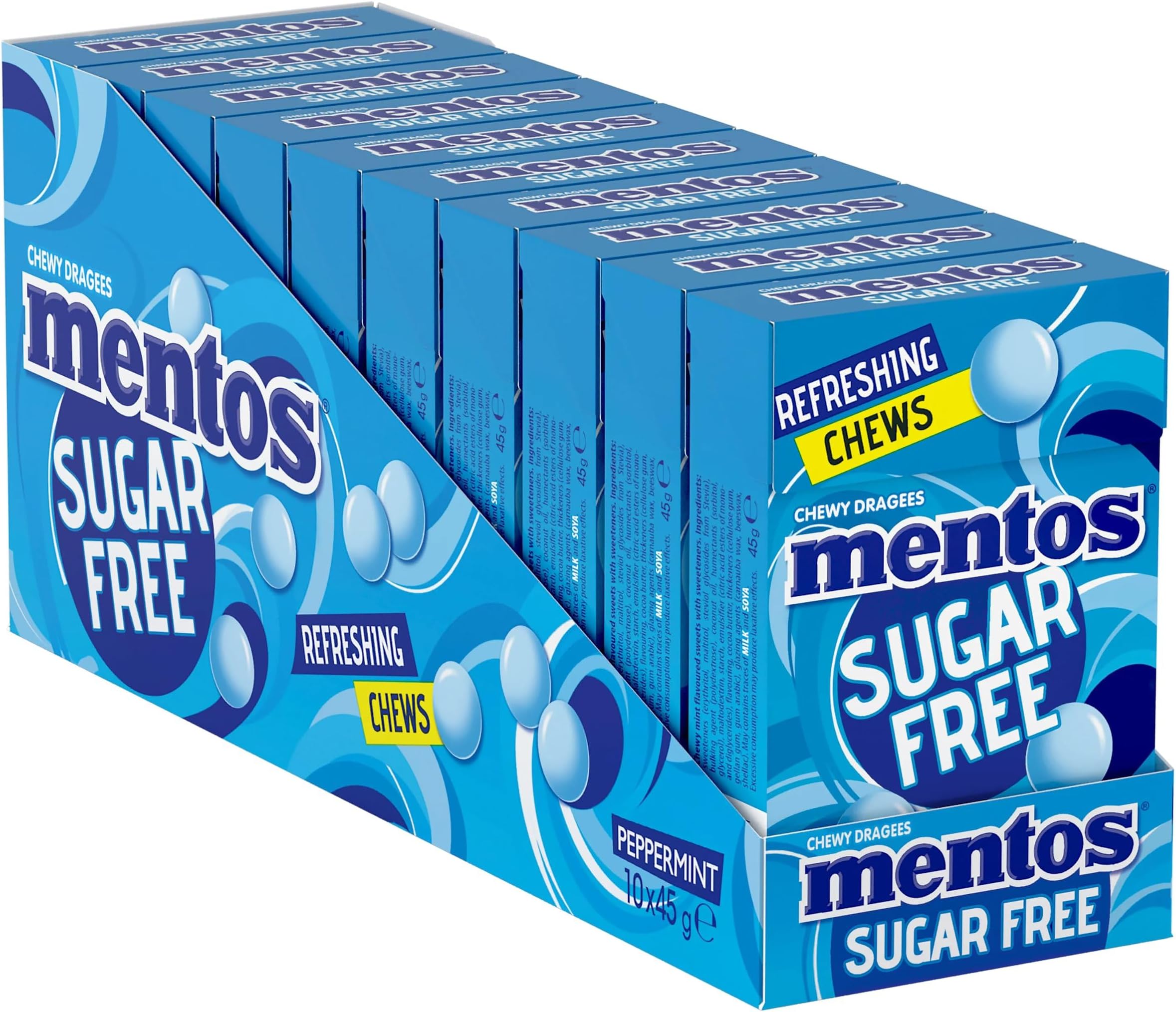 Mentos Sugar Free Peppermint Chews, Breath Freshening Sweets, Suitable for Vegetarians - 10 x 45 g