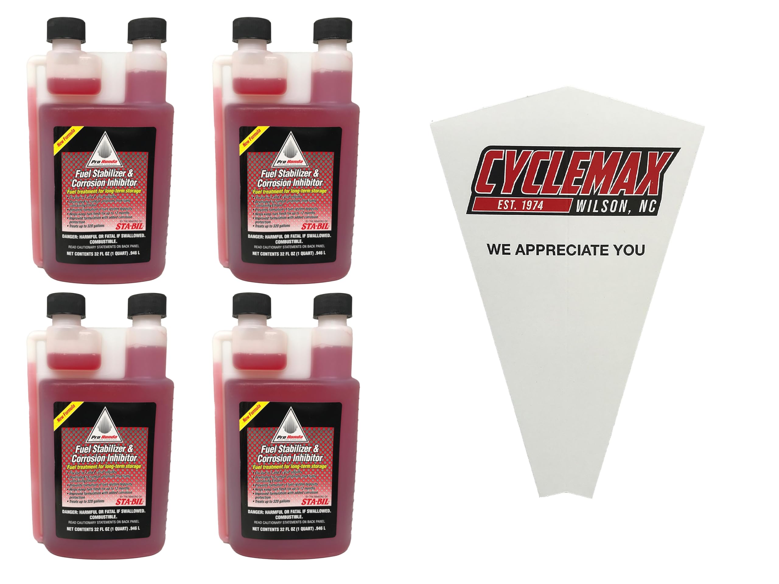 CYCLEMAX Four Pack Compatible with Honda Fuel Stabilizer & Corrosion Inhibitor 08732-3200 Contains Four 32oz Bottles and a Funnel
