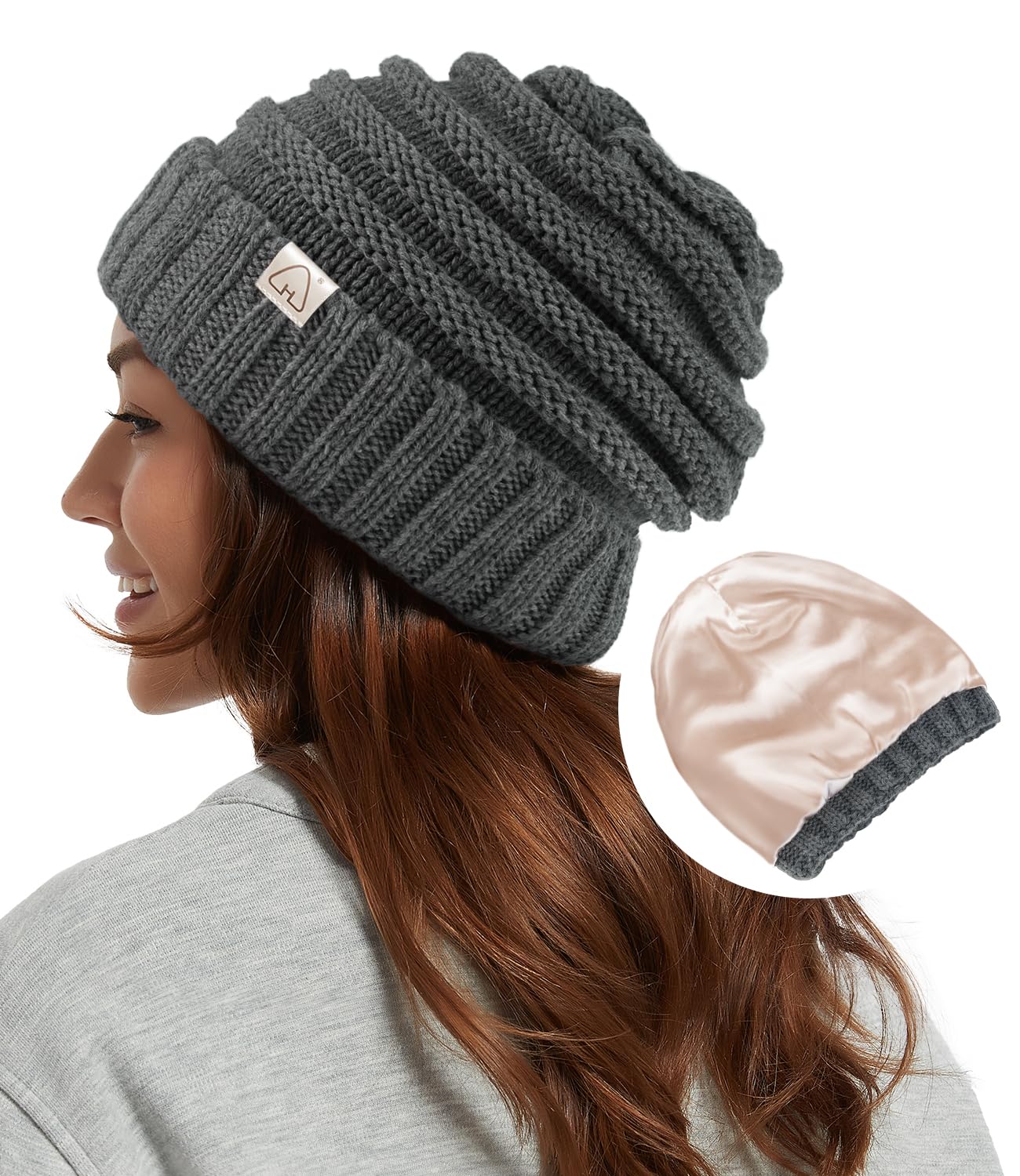 3 Pack Winter Beanies Satin Lined Warm Thick Knitted Hats Slouchy Caps for Women Winter Hats For Women 3-Pack Satin Lined Beanies For Women  main image 2