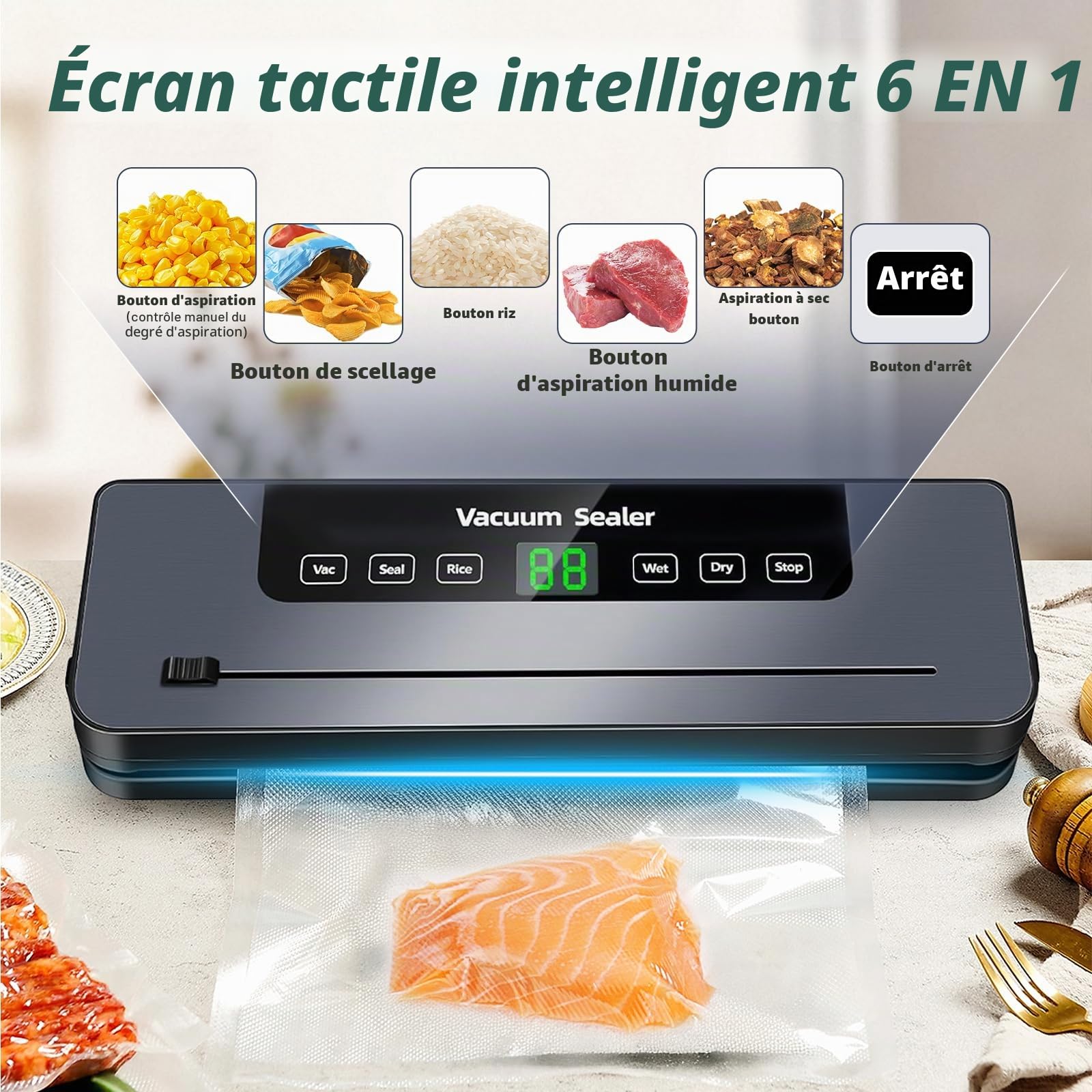 6 en 1 Machine Sous Vide Alimentaire, Machine à emballer sous vide Multifonction avec 50 Sacs Sous Vide, Automatique Secs et Humides Appareil sous vide avec Couteau Coupe, Tuyau D'aspiration D'air