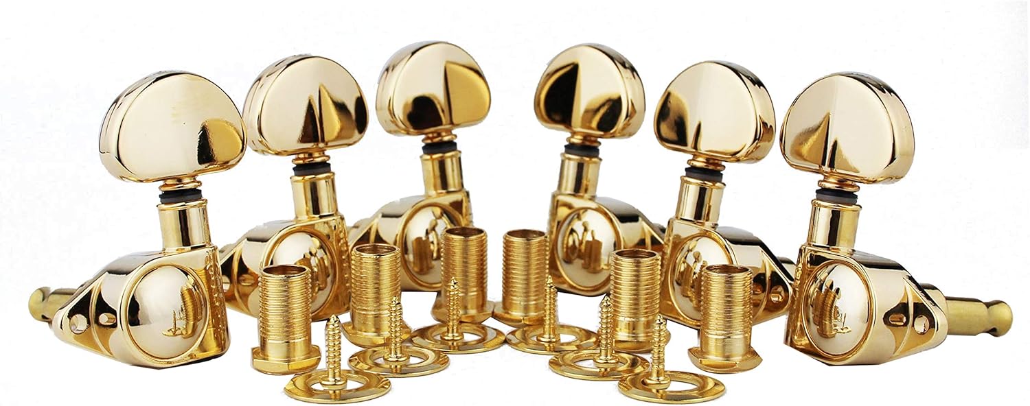 Guyker Guitar Machine Heads (3L + 3R Handed) – 1:21 Sealed Tuners Tuning Key Pegs with Big handle Replacement for Electric, Folk or Acoustic Guitars – Gold, GK102G