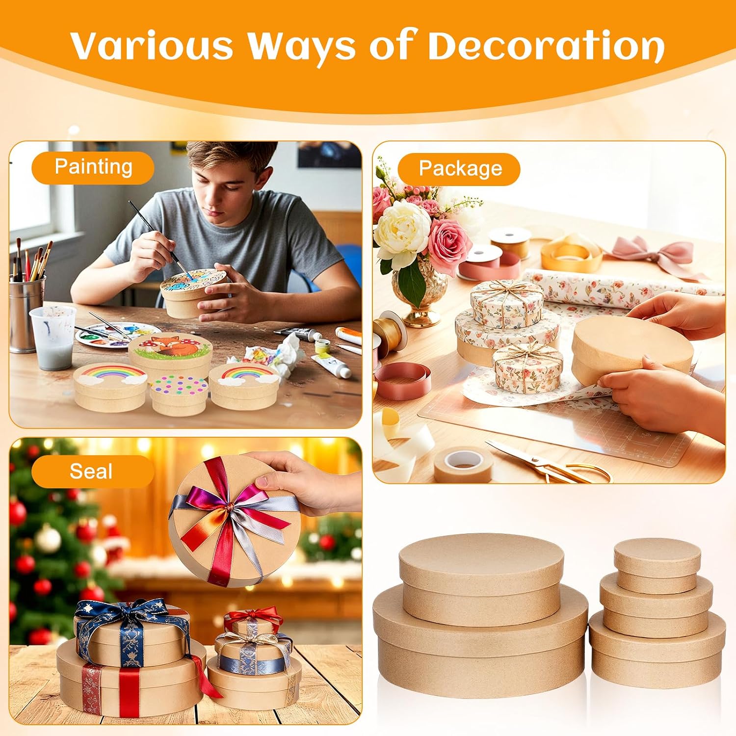 TEHAUX Gift Boxes, 5pcs Round Nesting Paper Mache Boxes with Lids, Assorted Sizes for Craft, Candies, Cookies, Biscuits, Small Items, Wedding Decorations