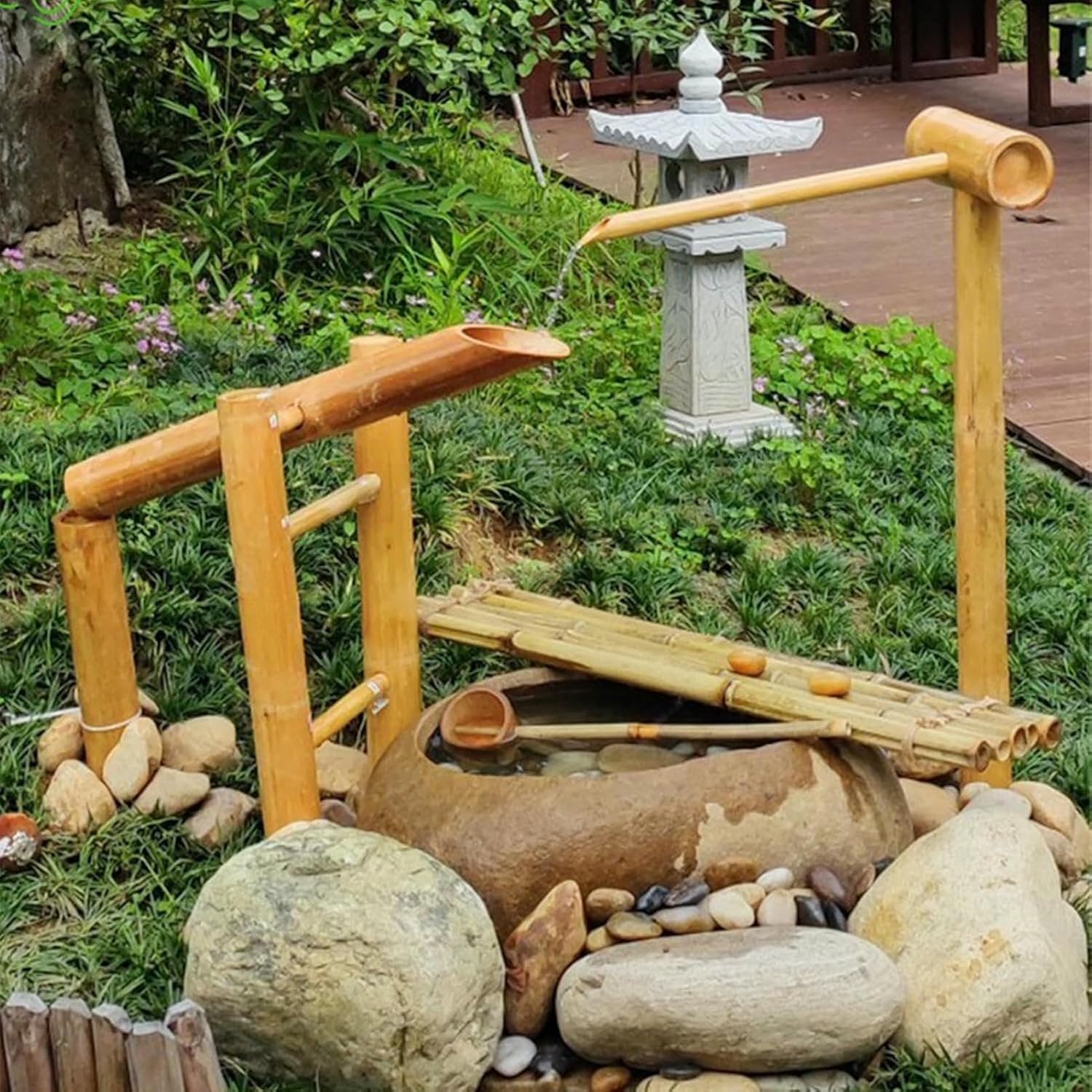 Outdoor Water Fountain Bamboo Decoration with Pump, Smooth Split Resistant Handmade Bamboo Waterscape, Easy to Install Garden Kit for Household Zen Oasis Yard