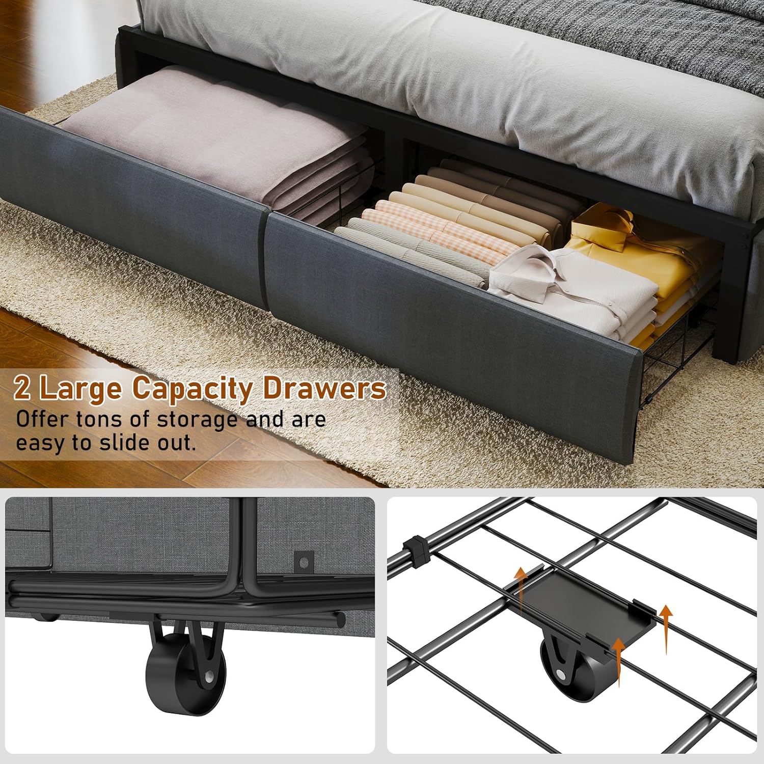 SADENICEL Full Size Bed Frame with Headboard and 2 Storage Drawers, Metal Full Bed Frame Platform with LED Light, Charging Station, No Box Spring Needed, Noise Free, Easy Assembly, Grey - Image 6