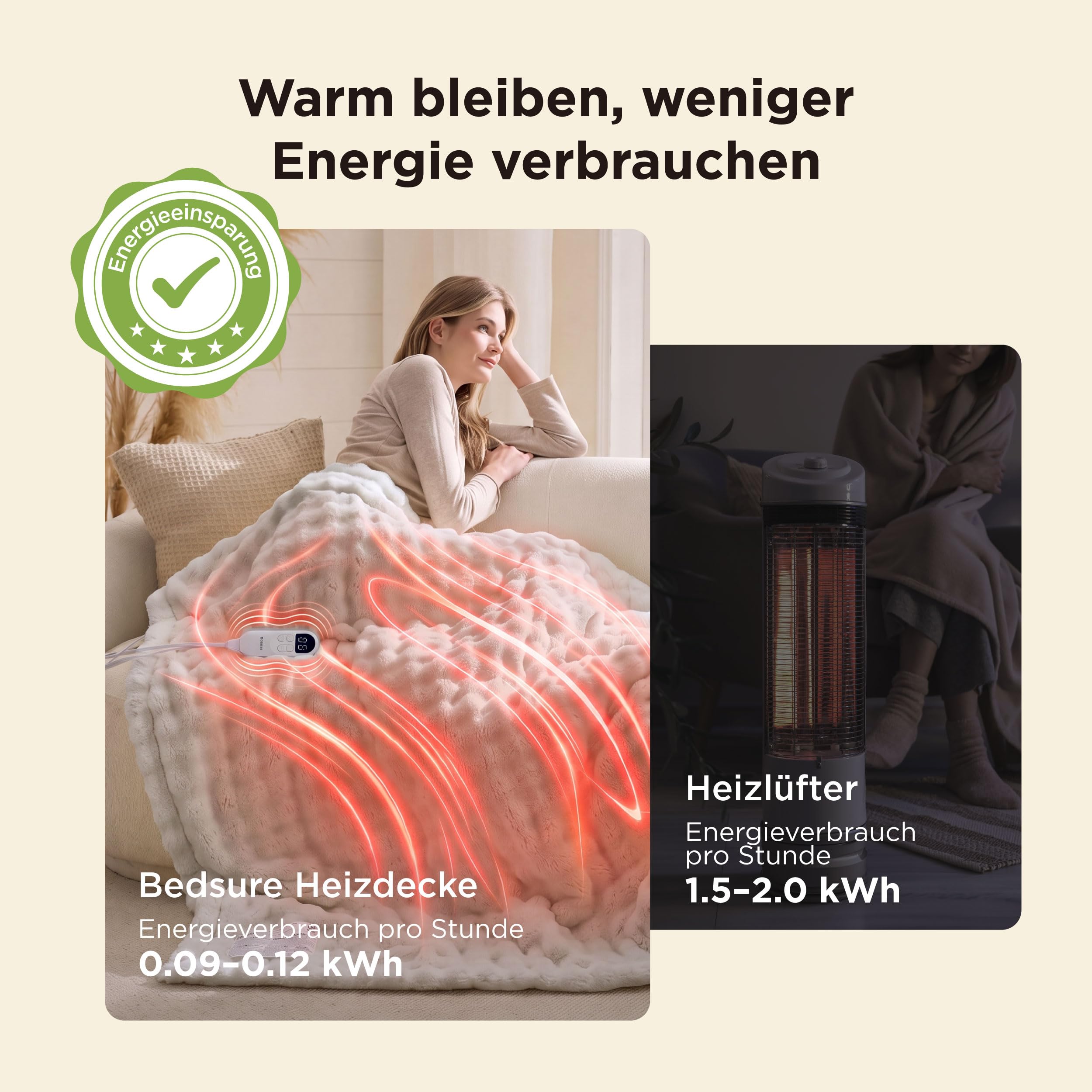 BEDSURE Heizdecke Wärmedecke Kuscheldecke, Beige - 200x180cm