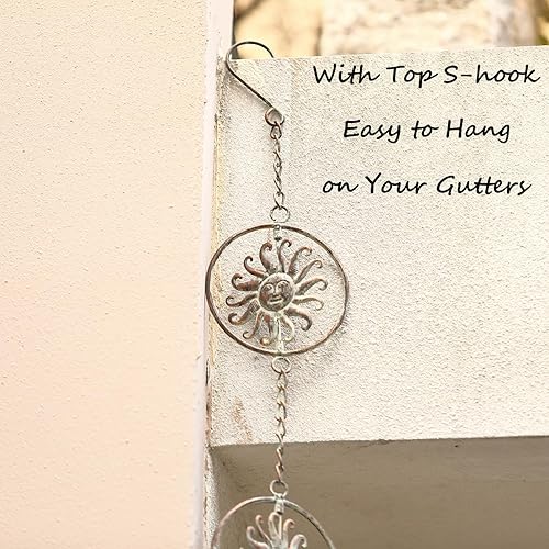 Miniatura 3 de Cadenas de lluvia con cara de sol, 2.6 m de longitud, cadenas de canalones de lluvia, reemplazo funcional y decorativo para bajantes de canalones,