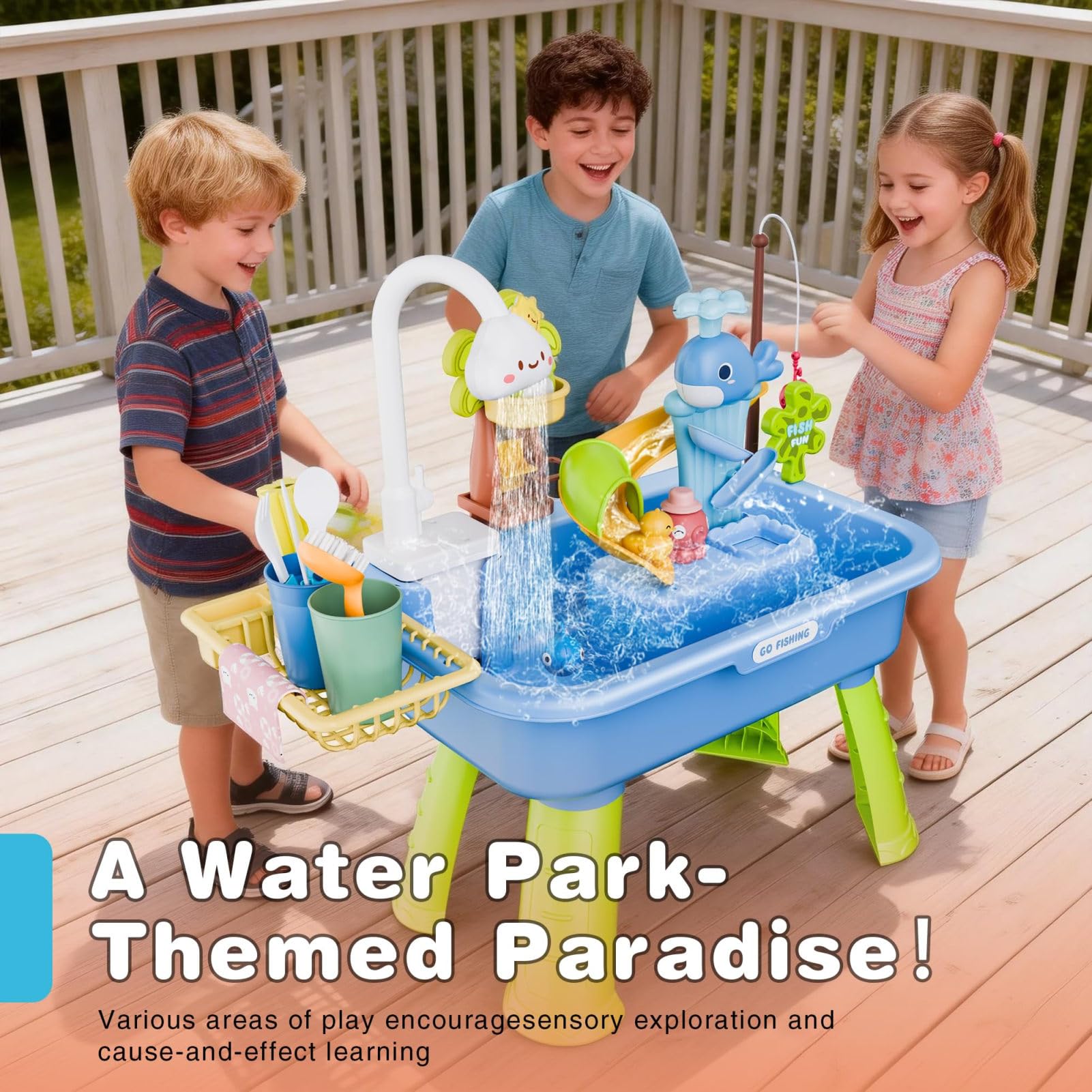 Générique Table À Eau pour Person - Évier De Jeu Électrique avec Pompe Et Eau Courante, 4-en-1 Centre D'Activités Sensorielle avec Jeu De Pêche, D'Extérieur Cadeau Anniversaire Garçons Filles 3 Ans+