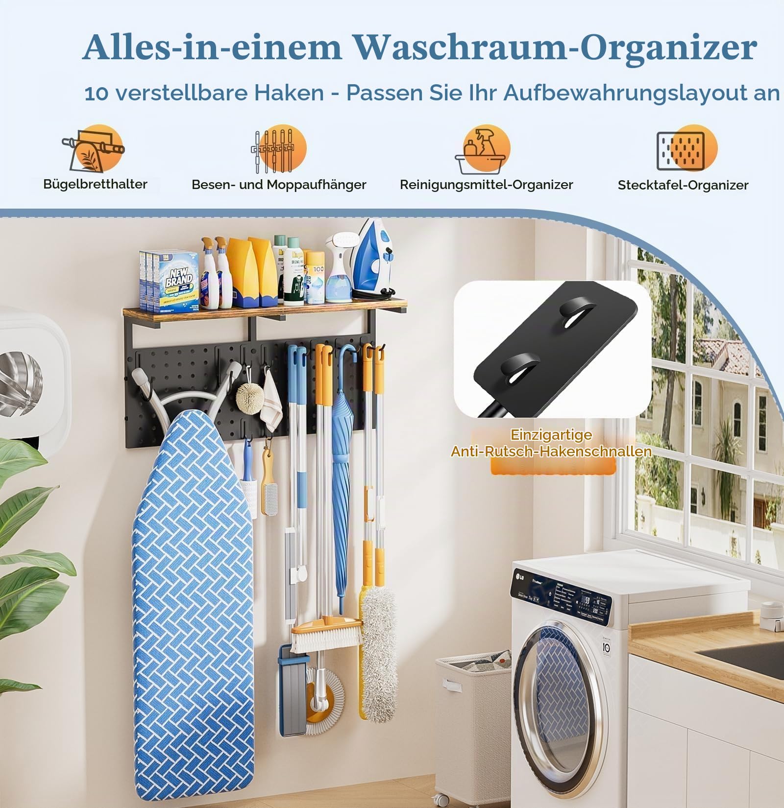Bügelbrett Wandhalterung, Lochwand Organizer für Bügeleisen und Putzmittel, Bügelbrett Wandmontage mit Regal, Pegboard und Hake für Bügel-Brett, Besen und Putzmittel Organizer Aufbewahrung
