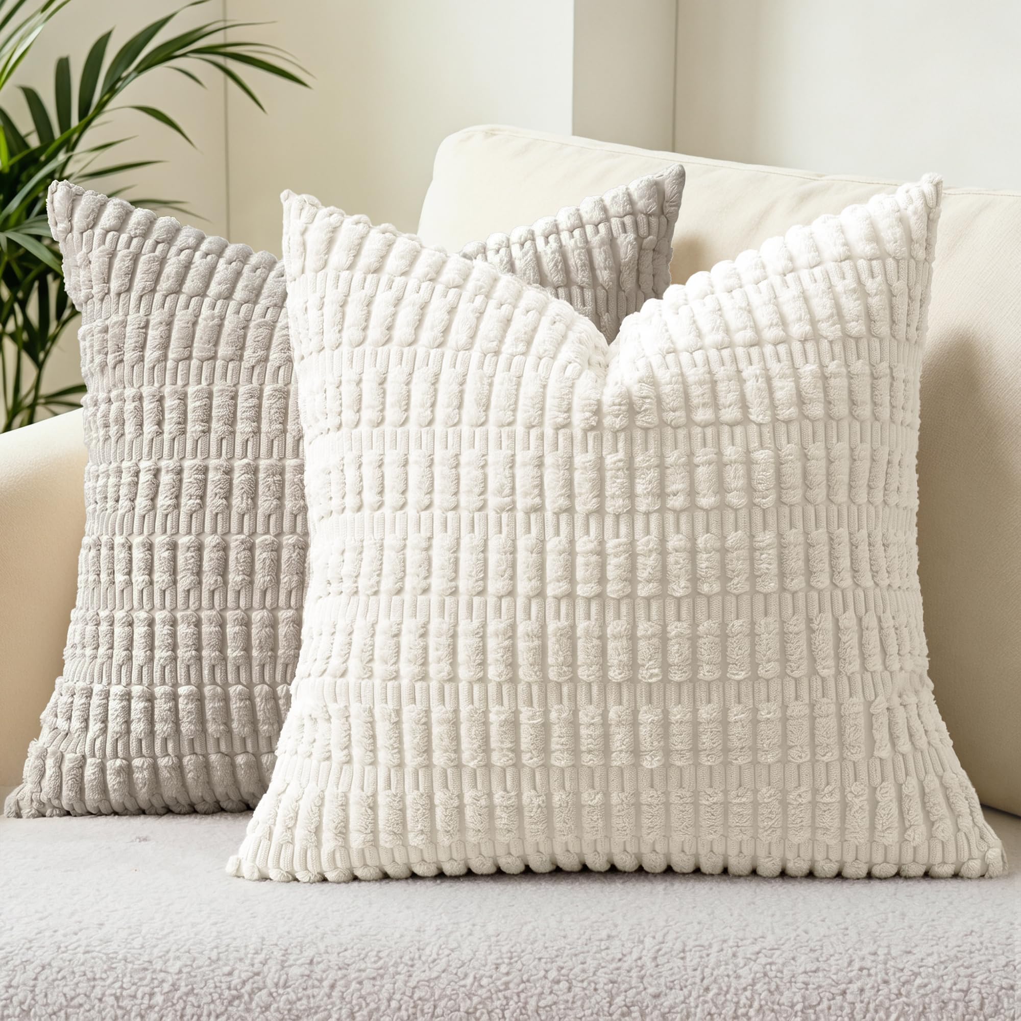 Cogavoo Set of 2 Corduroy Soft Striped Cushion Covers 45x45 cm,Boho Decorative Square Throw Pillow Covers 18x18 Inch with Invisible Zipper for Sofa Couch Bedroom Decorative Fluffy Large Pillowcases