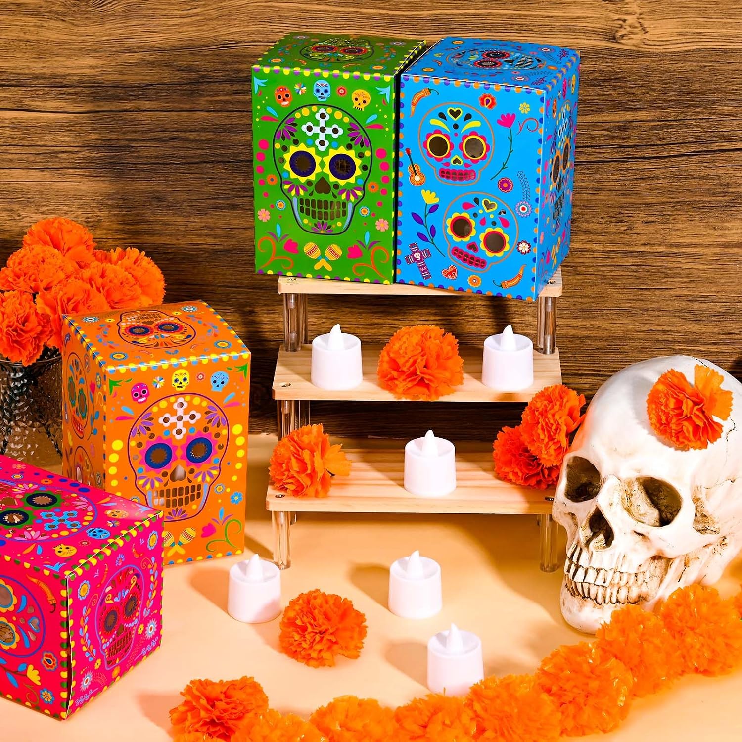 48 Pcs Day of The Dead Decorations Sugar Skull Candle Holder Boxes with Tea Lights Hollowed Paper Boxes Luminary Bags for Dia De Los Muertos Altar Decor Supplies(4 Styles)