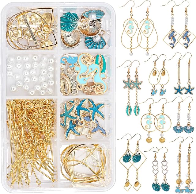 SUNNYCLUE 1 Box DIY 10 Pairs Summer Ocean Dangle Earring Making Kit Enamel Mermaids Seahorses Starfish Shell Pendant Charms Brass Geometric Links for Jewelry Making Supplies Craft Instruction