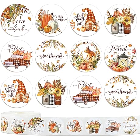 Whaline 1000Pcs Fall Thanksgiving Stickers Pumpkin Maple Leaf Autumn Round Stickers Sealing Labels