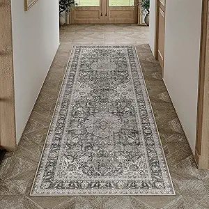 2x6 Washable Black Grey Vintage Runner Rug for Kitchen Hallway Non-Slip Low Pile Carpet Traditional Retro Distressed Accent Vacuumable Throw Rug for Entryway Bedroom Indoor