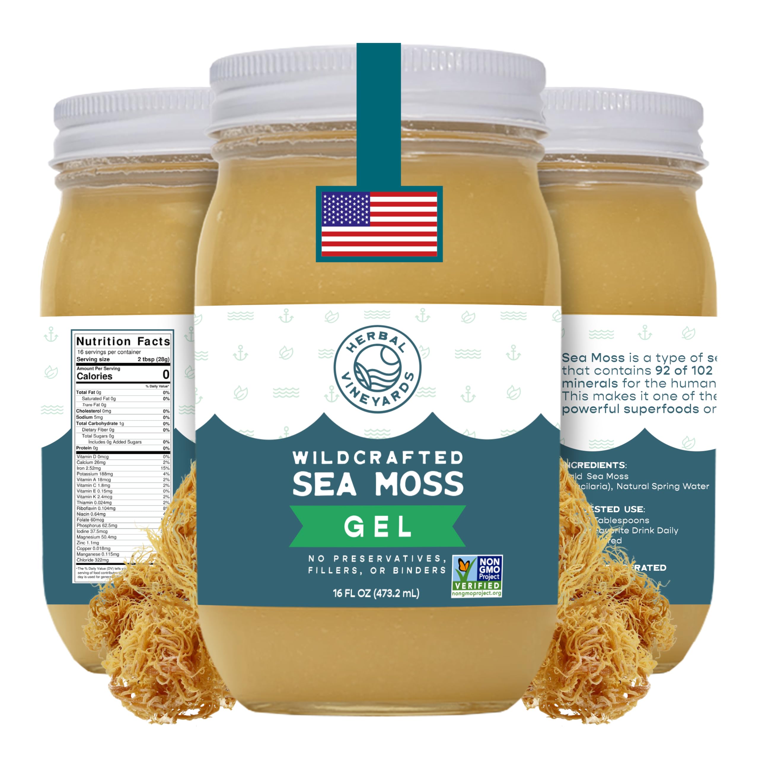 Herbal Vineyards Wildcrafted Irish Gold Sea Moss Gel 16 Oz - Organic Seamoss Gel Made with Dried Seaweed & Fresh Sea Vegetables, Natural & Plant-Based, Harvested in Pristine Waters, USA