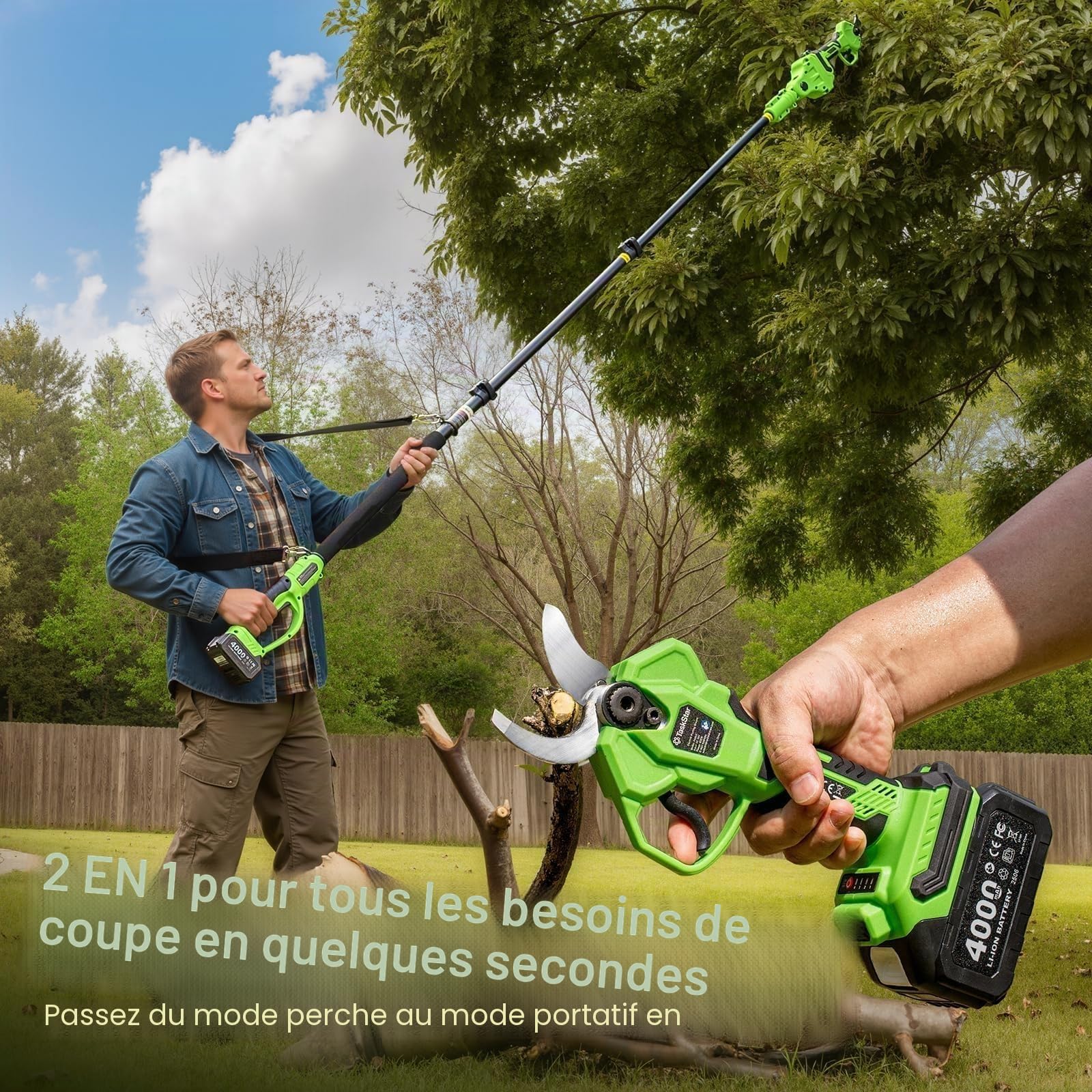 TaskStar Sécateur Électrique Avec Perchel 2-en-1: Coupe 40mm Sécateur Électrique Télescopique, portée maximale jusqu'à 2,5m, 2 Batteries 4,0Ah, Lame SK5 de Rechange, 4 Modes pour Fleurs et Arbres