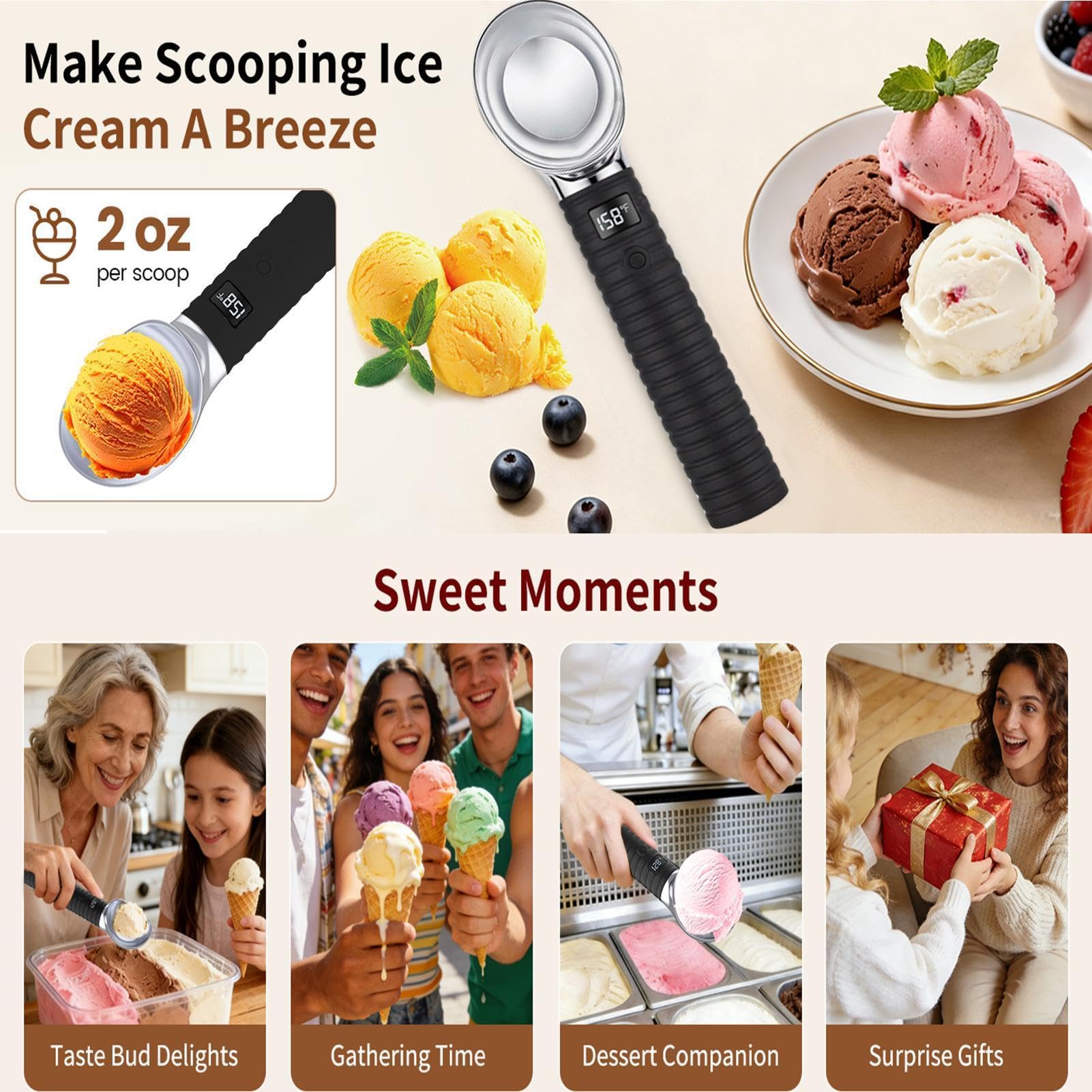 Cuillère À Glace Électrique Manche Imperméable Antidérapant Rechargeable | Cuillères À Glace Chauffantes pour buffet desserts restaurant fête anniversaire dîner festif yaourt sundae crème