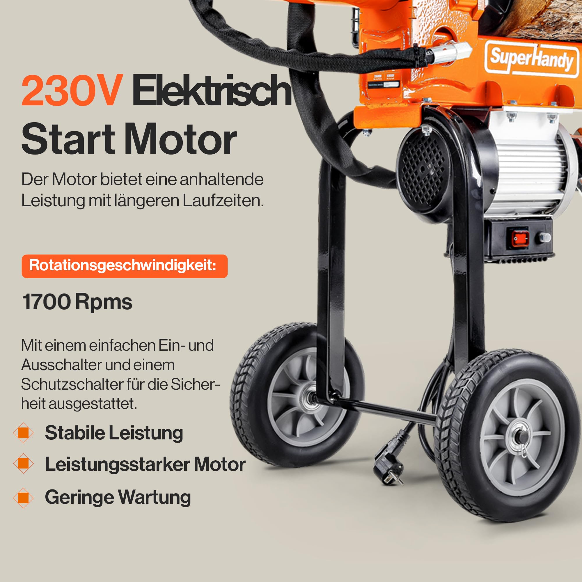 SuperHandy Holzspalter, 16 t Spaltkraft, 1500-W-Motor, Scheite 50 cm | Tragbar; 2-stufige 10-GPM-Hydraulikpumpe; Vollträger mit Stahlkeil für Brennholz, Forst- und Erntearbeiten