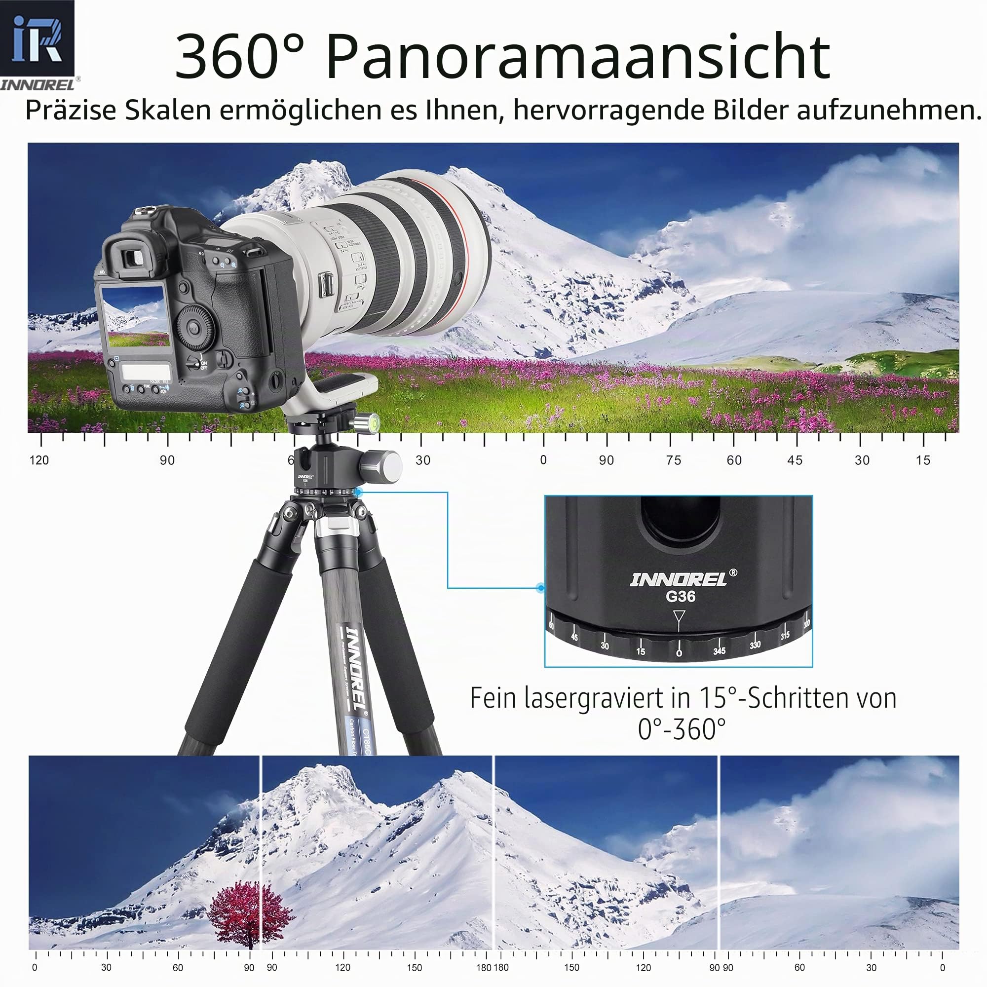 INNOREL G36 Low Profile Panorama-CNC-Metall-Kamerastativ-Kugelkopf mit 1/4" Arca Swiss Universal-Schnellwechselplatte für Stative, Einbeinstative, DSLR-Kameras, Camcorder, Max. Belastung 20 kg