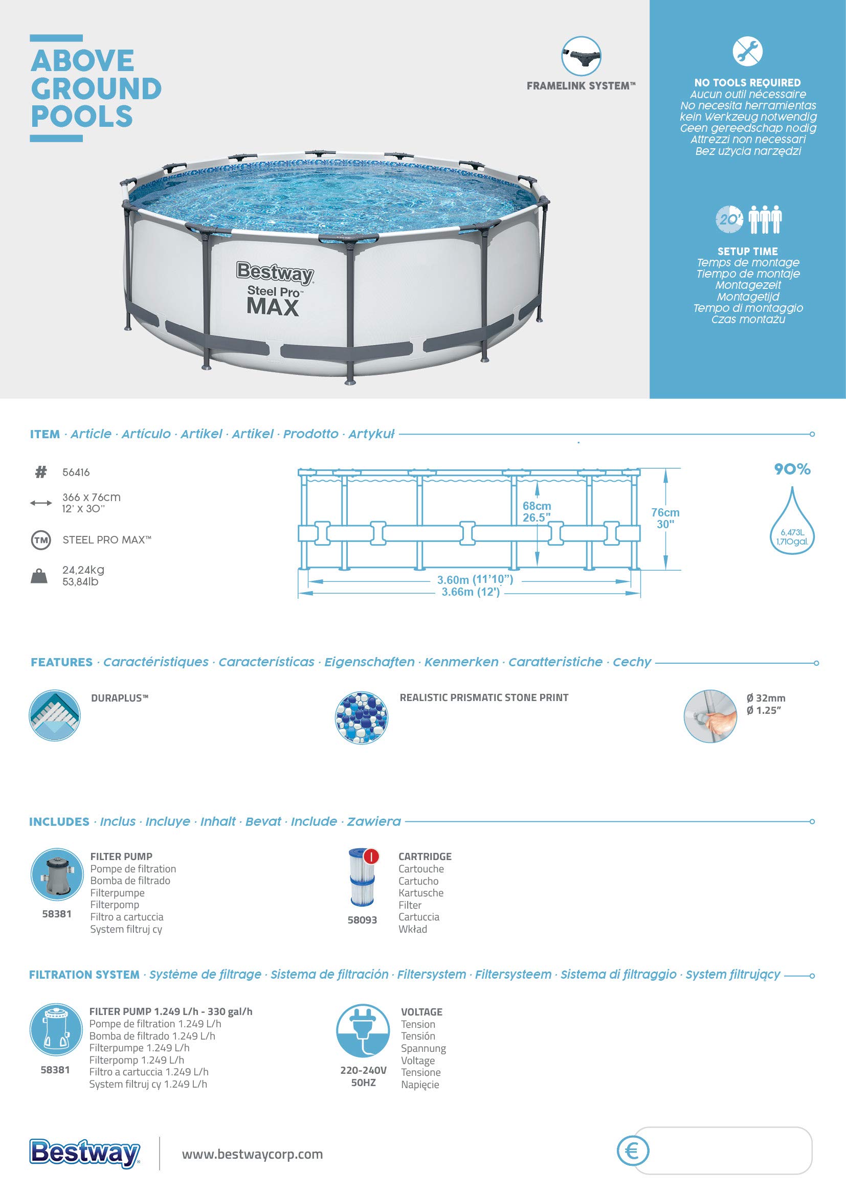 Bestway Steel Pro MAX Frame - Juego de Piscina con Bomba de Filtro (diámetro 366 x 76 cm), Color Gris Claro
