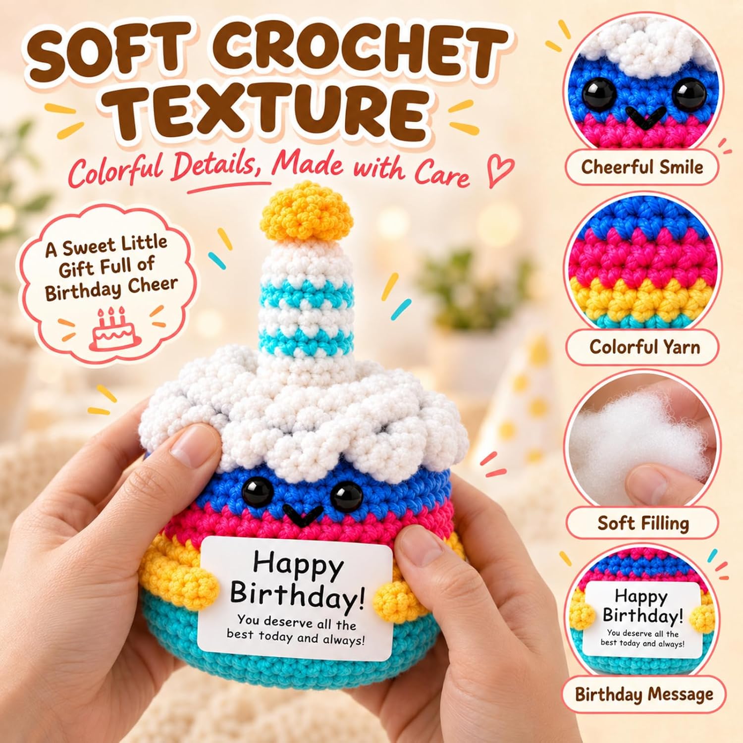 Birthday Gifts for Women,Handmade Happy Birthday Crochet Cake Decoration