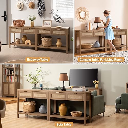 Miniatura 7 de SICOTAS Juego de 2 mesas de consola – Mesa de entrada bohemia con cajones de ratán, mesa consola de ratán con estante de 2 niveles, mesas de sofá