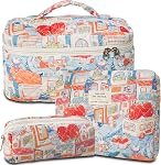 GISMTR 3Pcs Coton Sac de maquillage matelassé Grand sac cosmétique de voyage Coquette Maquillage Pochette Mignon Sac de toilette Esthétique Florale pour femmes Filles, fleur-S, Mignon