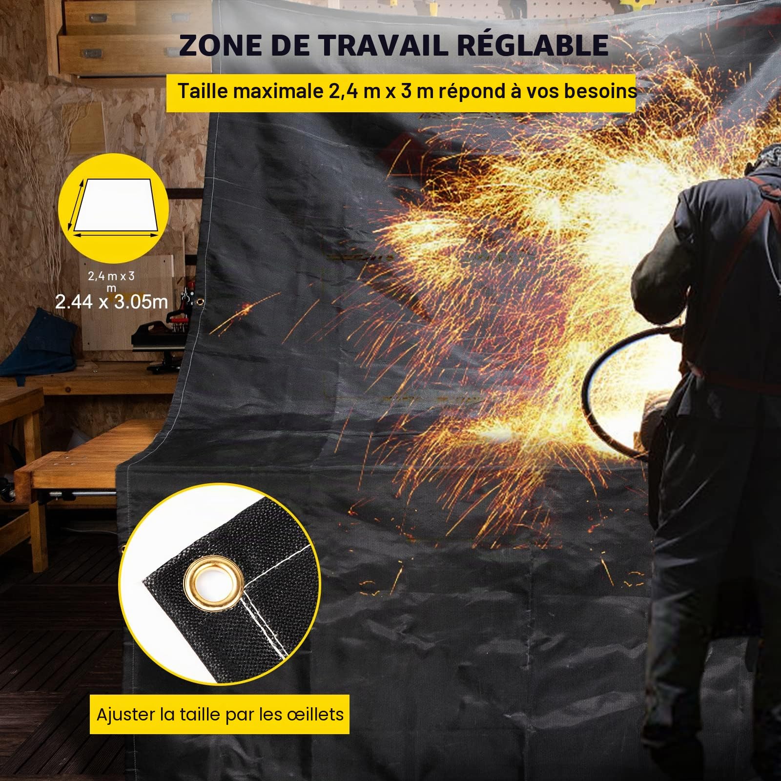 VEVOR Couvertures anti-feu, lot de 2 couvertures de soudage couverture anti-incendie 2,44 x 3,05 m ignifuge 550 °C couvertures d'urgence noires, couverture en fibre de verre avec 12 œillets en laiton