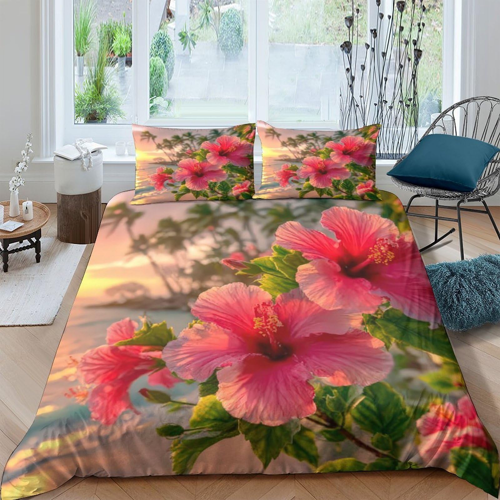 Ctjqhvkz Style-1 3D Printed Tropical Hibiscus Fitted Sheet Microfiber Soft Pink Sunset Palm Mattress Cover For Bedroom Guest Room Easy Wash Decor Single（135X200cm）