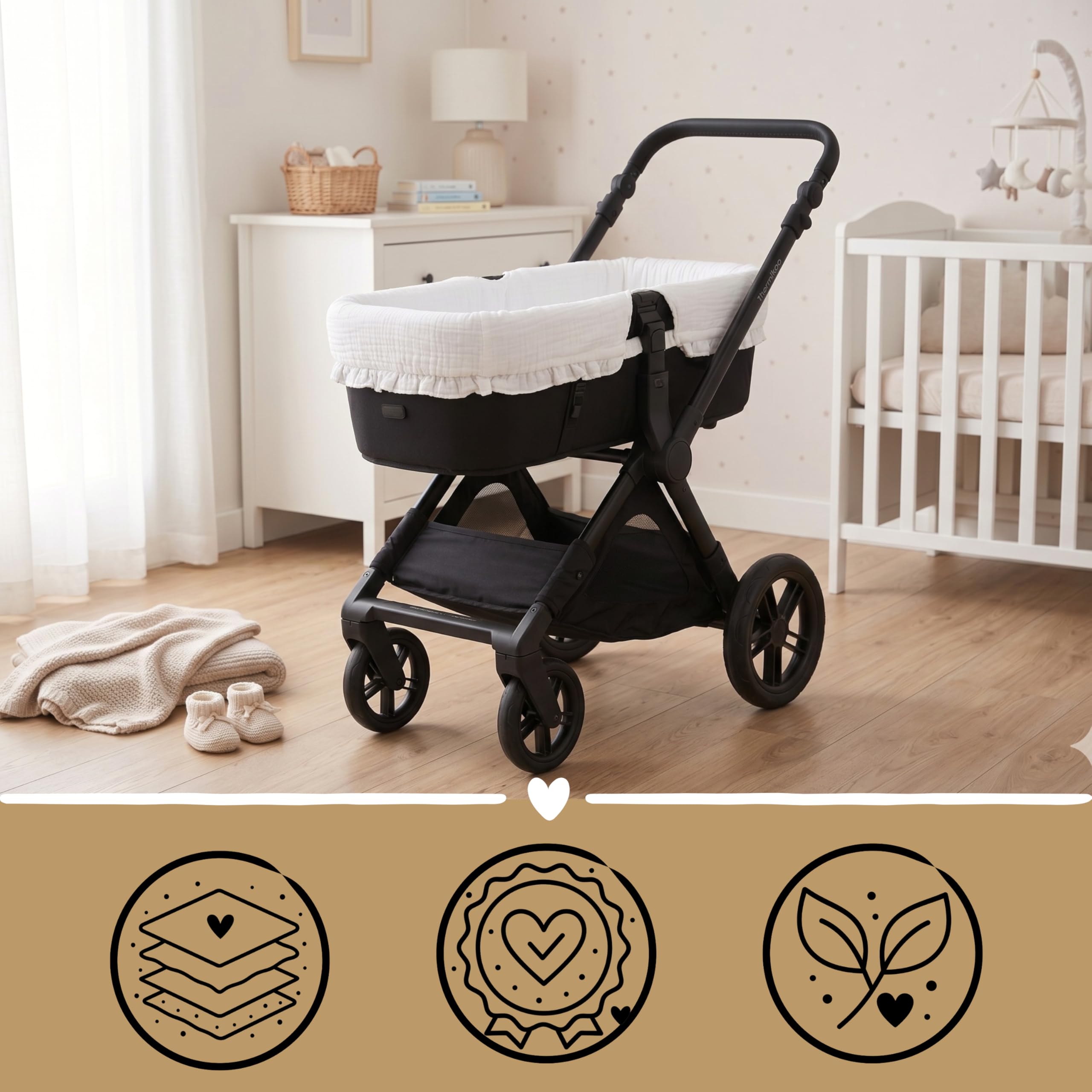 Thermikoa Housse de nacelle universelle pour bébé en bambou avec volants en coton respirant Intérieur effet nacelle plus propre et confortable