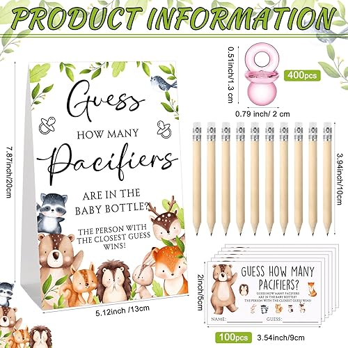 Miniatura 2 de Roowest 512 piezas de juegos de baby shower Adivina cuántos chupetes firman 100 pequeños juegos de adivinanzas, 10 lápices HB, botella de leche