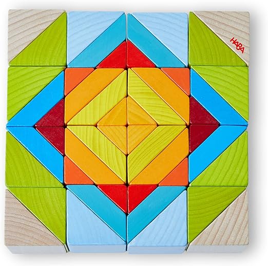 HABA Wooden Mosaic 3D Arranging Game – Colorful Building Blocks & Geometric Puzzle for Toddlers, Montessori Toys for 3+ Year Old, STEM Learning Toy with 48 Pieces & Pattern Cards, Made in Germany