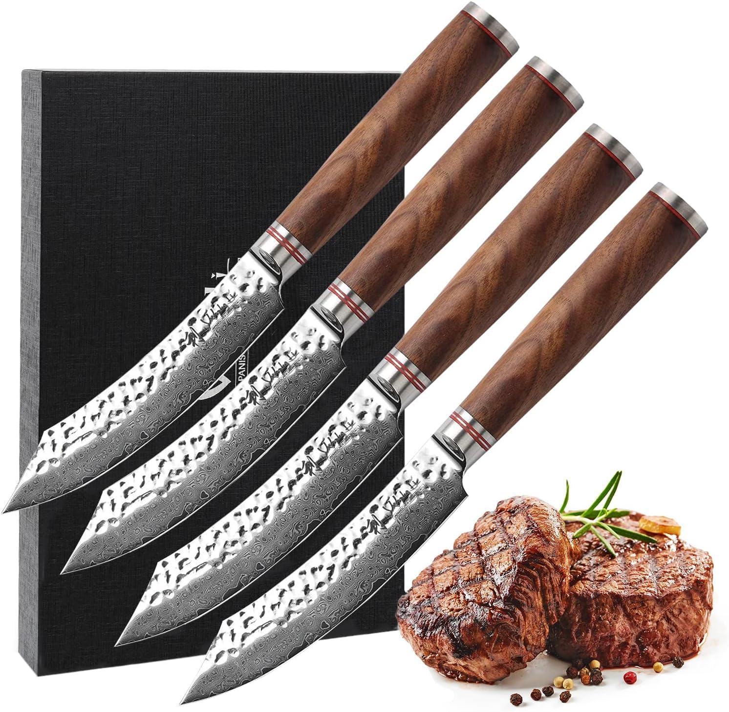 Wakoli Nussbaum 4-teiliges Steakmesser-Set, 67 Lagen Damaststahl, VG10 Kern