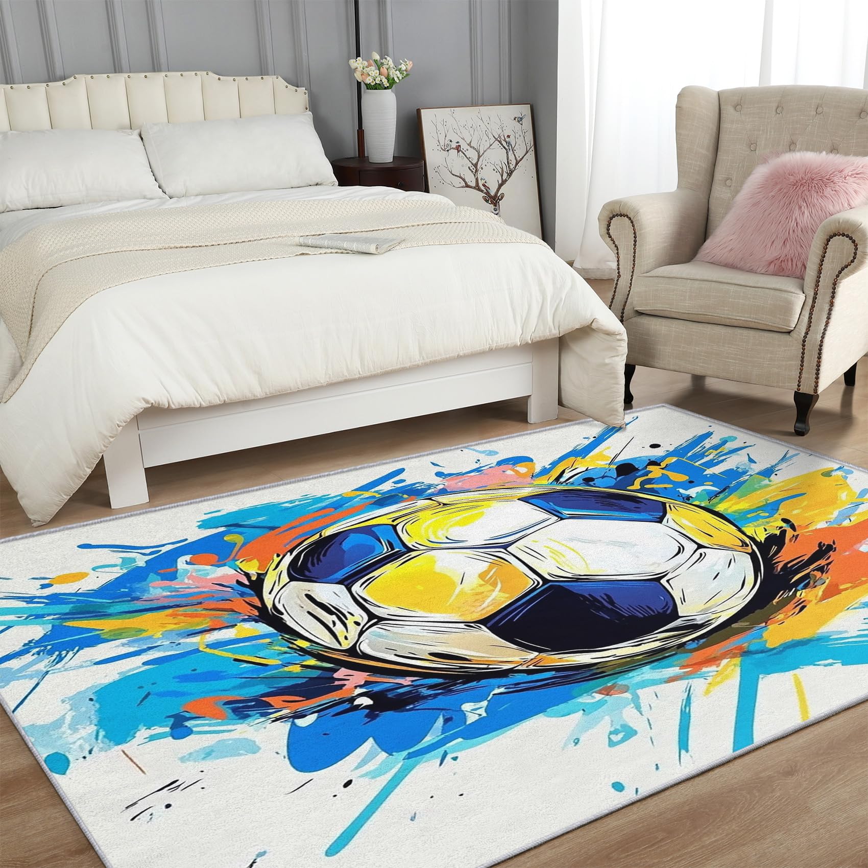 Générique Tapis Salon Football, Tapis Chambre Graffiti Coloré Foot, Doux Flanelle Poil Court 60x110 cm - Lavable Antidérapant Paillasson H-31