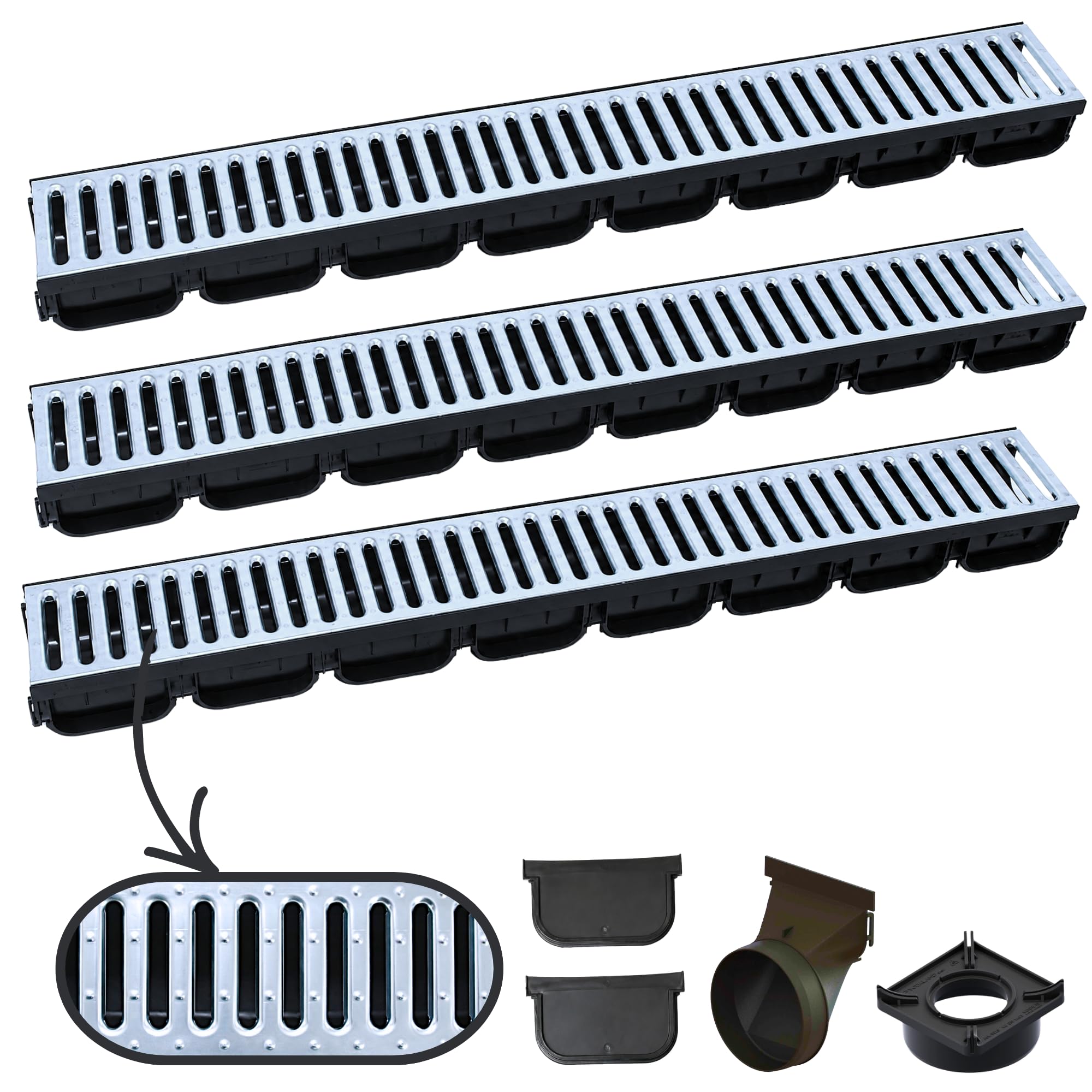 Megaa store Entwässerungsrinne 70 mm – Komplettset Kunststoffrinne mit Rost Kunststoff A15/ Verzinkt A15/ Gussrost A15 / Gussrost C250 Drainagerinne Bodenrinne (Verzinkt A15, 3 Meter)