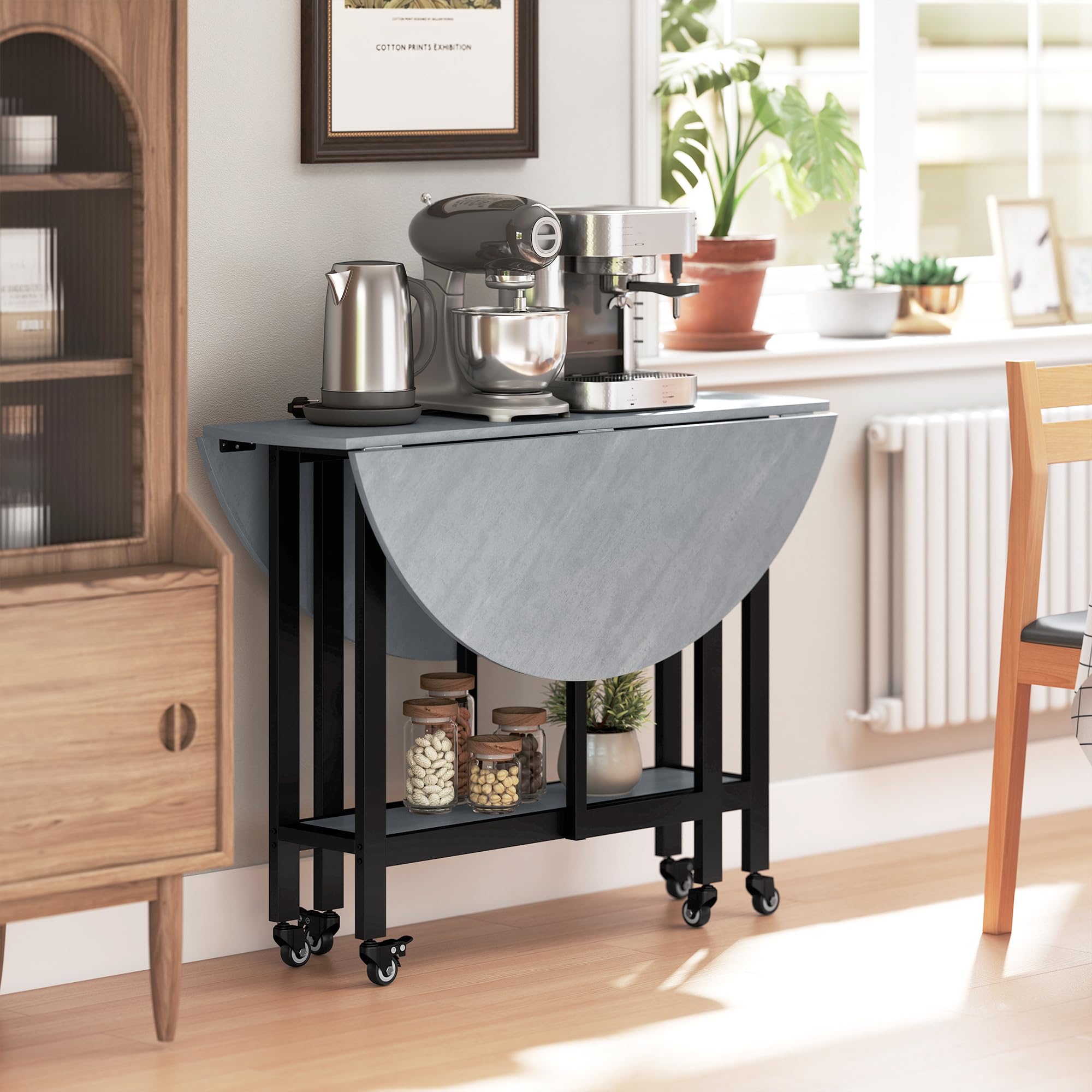 HOMCOM Mesa Plegable de Comedor con Ruedas 100x100x75 cm Gris Cemento | 2-4 Personas, Mesa de Cocina Plegable, Alas Abatibles, Estante Abierto, Salón