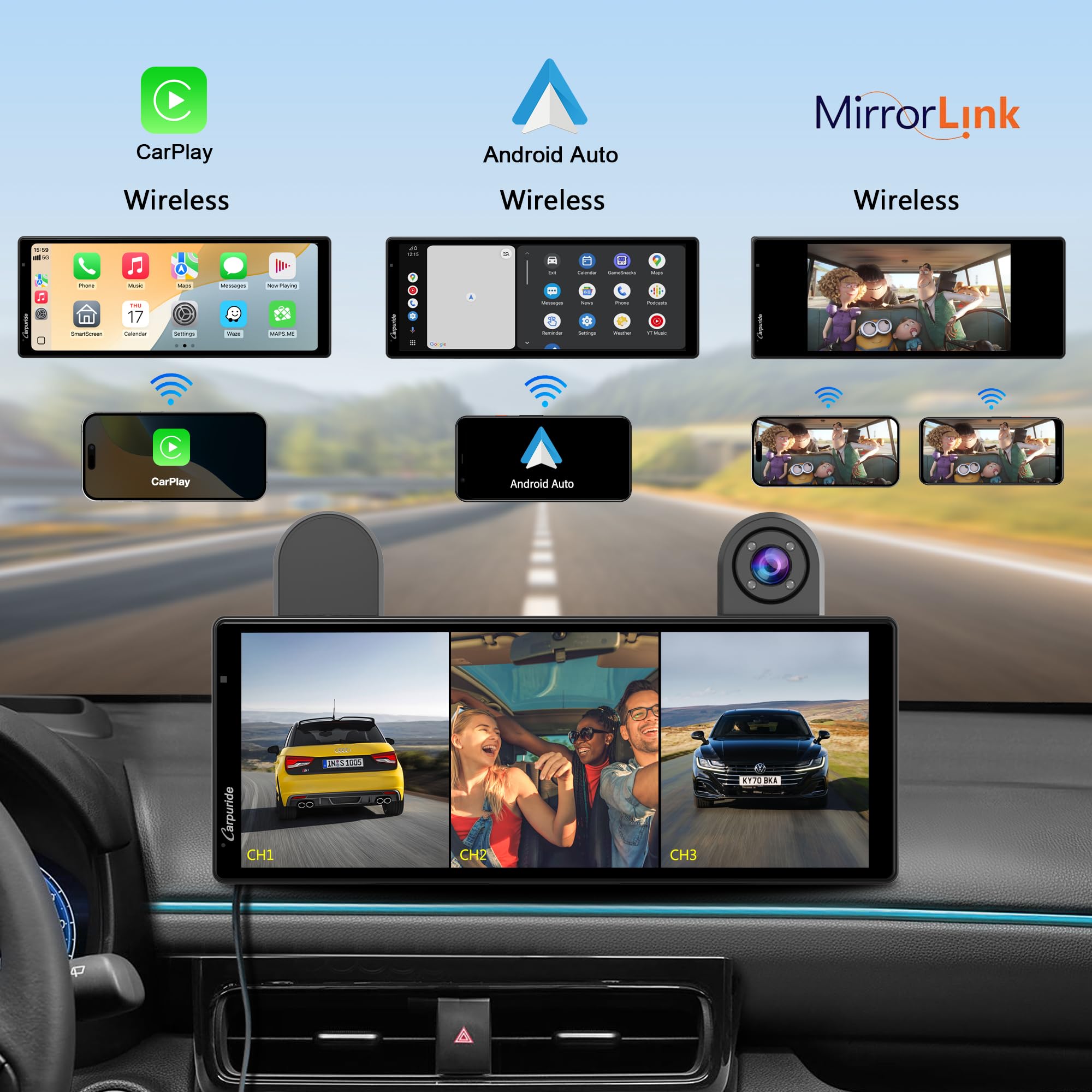 Carpuride W903S przenośny bezprzewodowy Carplay i Android Auto z ekranem IPS Dash Cam-HD, przednia kamera 4K + tylna 1080P + kamera na podczerwień 1080P, nagrywanie w pętli, Bluetooth, GPS