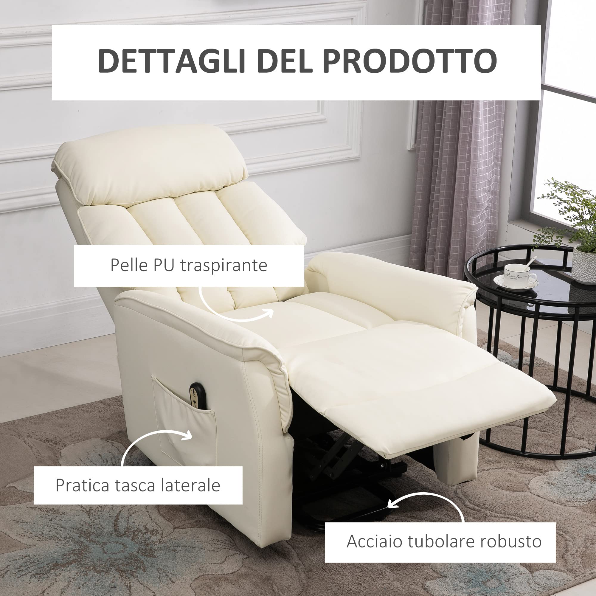 HOMCOM Poltrona Elettrica Alzapersone Reclinabile 145°, Poltrona Relax Elettrica in Pelle PU con Telecomando, Tasche Laterali e Poggiapiedi Integrato, Crema