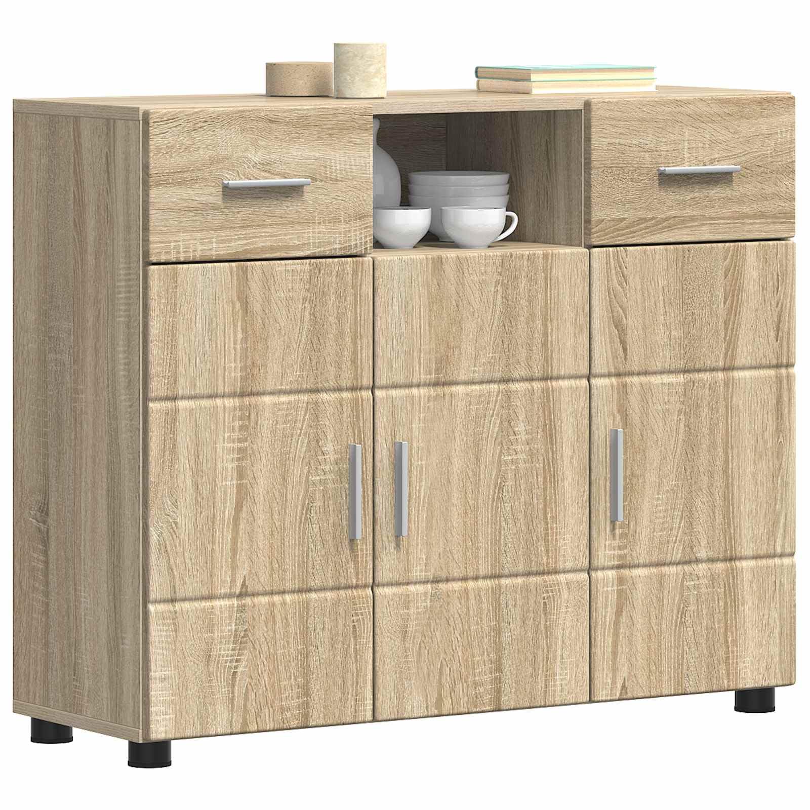 Armadio in legno di quercia Sonoma con 3 ante, 2 cassetti e 3 ripiani, opaco, versatile per soggiorno, ufficio e sala familiare, durevole e facile da pulire