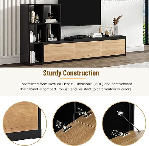 Miniatura 14 de Merax Moderno soporte de TV con patas de metal, asas doradas, líneas geométricas y estantes ajustables para televisores de hasta 80 pulgadas, mesa