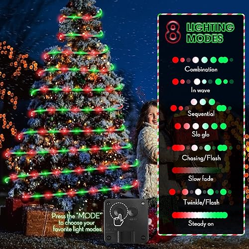 Miniatura 5 de Meonum Tira de luces solares de Navidad para exteriores, 33 pies, 100 luces LED, 8 modos, luces solares de tubo impermeables alimentadas por energía