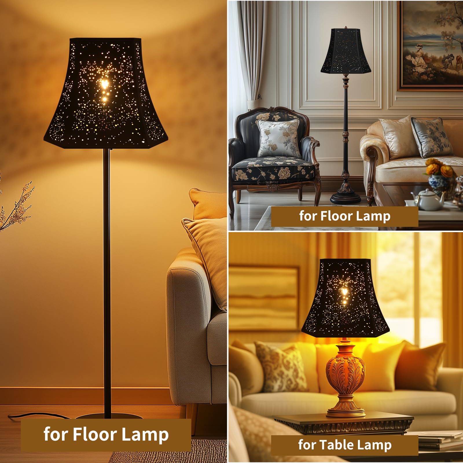 ALUCSET Pantalla de metal grande, esquina de corte cuadrado de 8 pulgadas superior x 14 pulgadas inferior x 11 pulgadas de alto | Bell Lamp - Pantalla de repuesto para lámparas de pie de mesa, diseño de estrella estrellada grabada en oro negro