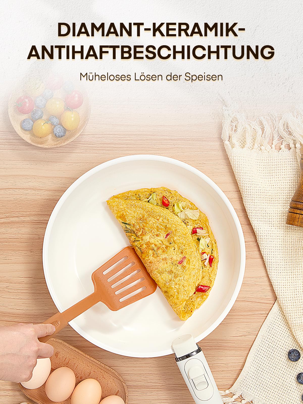 FOHERE Pfanne Induktion, 3-Teiliges Pfannenset Induktion mit abnehmbarem Griff, Bratpfanne 28/24/20 CM für alle Herdarten, Ceramic Antihaftbeschichtung Pfanne, Backofenfest, Spülmaschinenfest, Beige